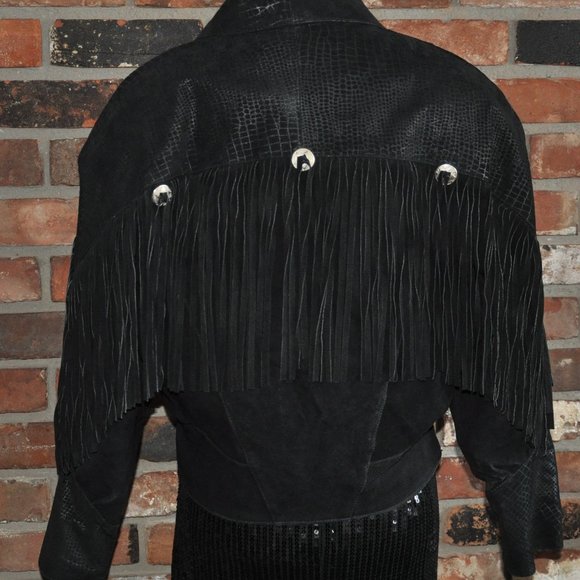 Vintage 80s Black Western Suede Leather With Fringe Jacket M - Picture 7 of 11
